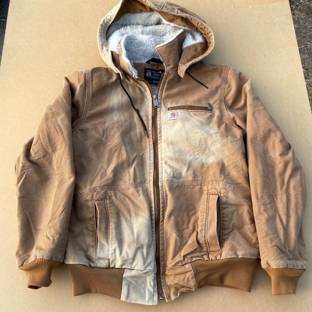 Carhartt Jacket Women M Brown Workwear Faded Sherpa Lined Hooded Canvas 0J0815-W